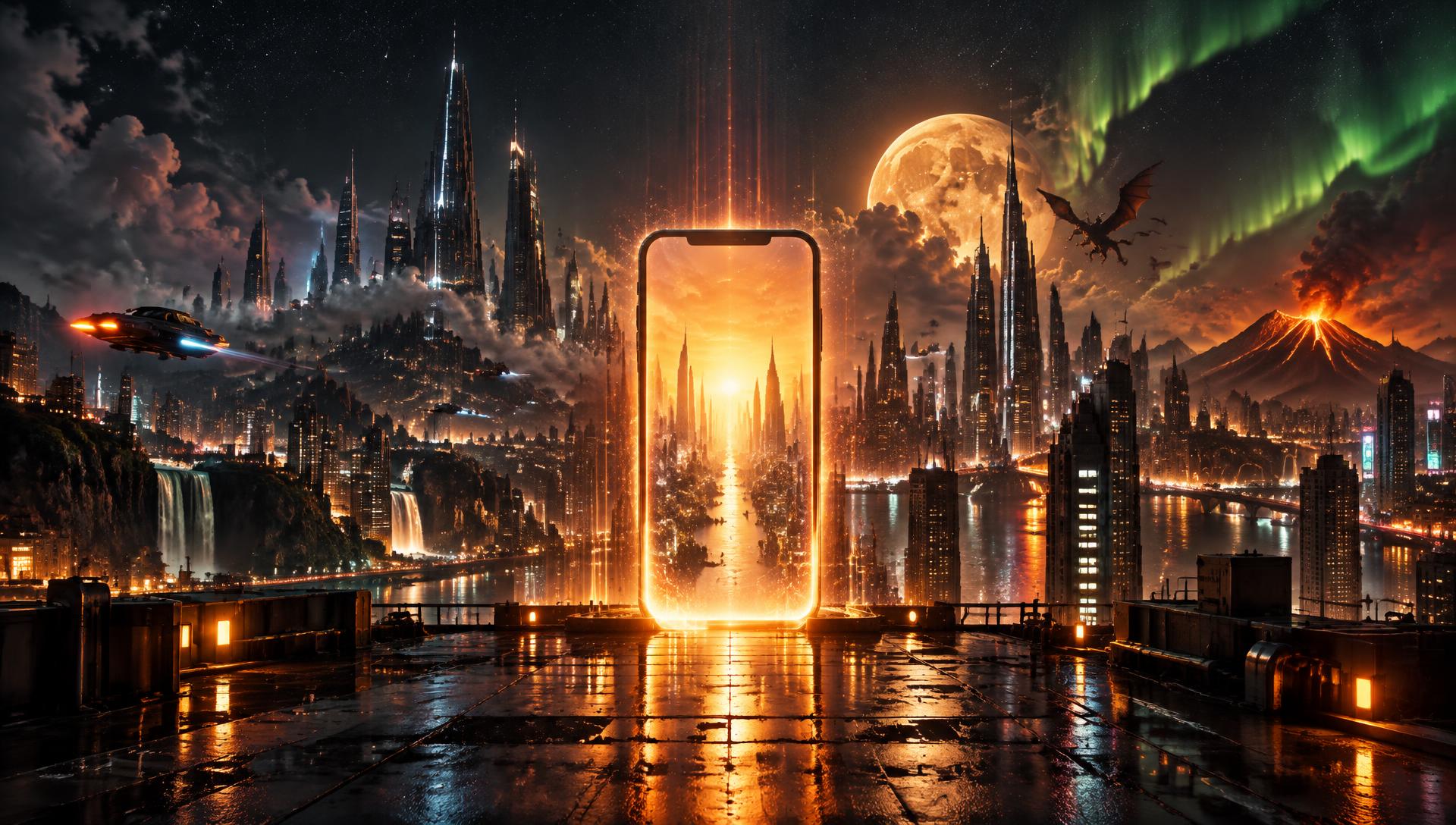 Leuchtendes Smartphone-Portal über einer Neon-Stadt